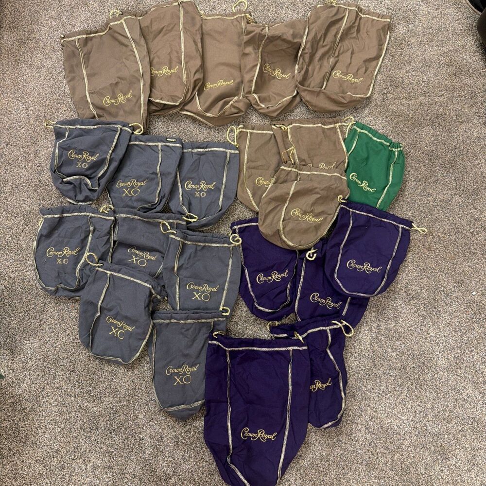 Lot of 22 Assorted Crown Royal Drawstring Bag Purple Brown Green Gray XO Lg & Sm